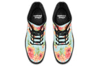 Light blue boots with a pattern of florals in oranges and pinks.