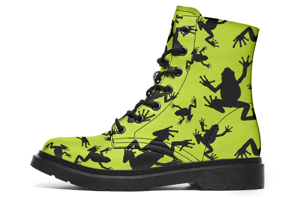 Design features black frog silhouettes on a vibrant green background.