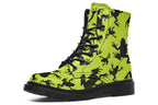 Design features black frog silhouettes on a vibrant green background.