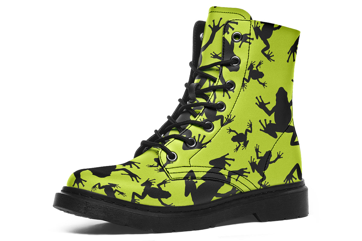 Design features black frog silhouettes on a vibrant green background.