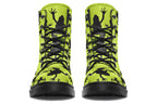 Design features black frog silhouettes on a vibrant green background.