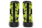 Design features black frog silhouettes on a vibrant green background.