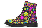 Black boots with a retro floral design in pinks, purples and yellows.