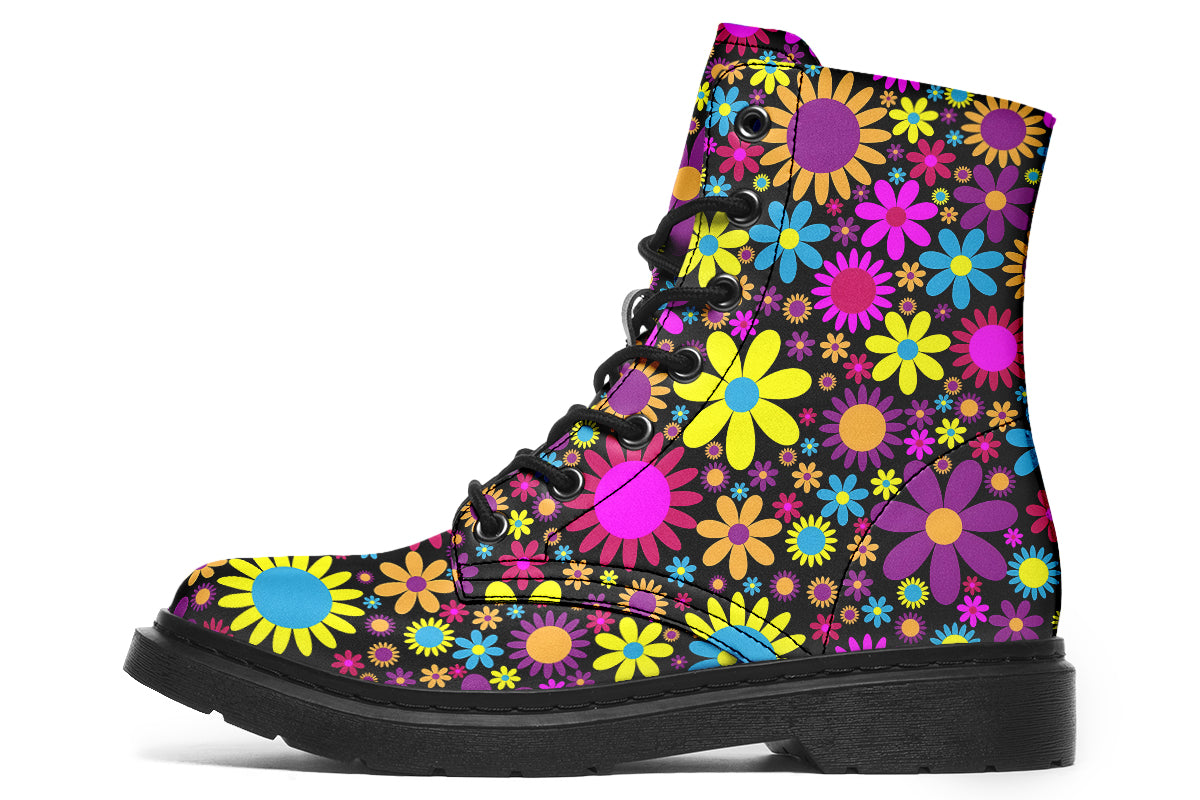 Black boots with a retro floral design in pinks, purples and yellows.