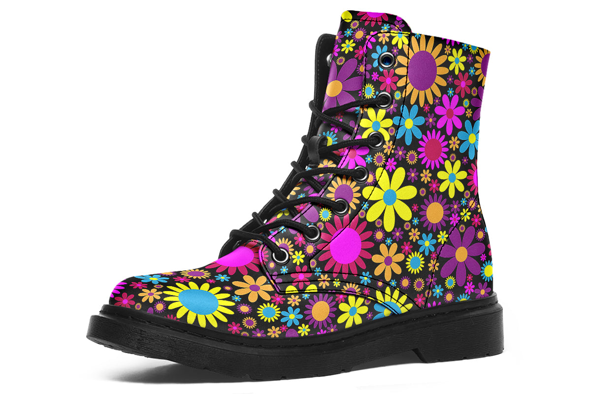 Black boots with a retro floral design in pinks, purples and yellows.