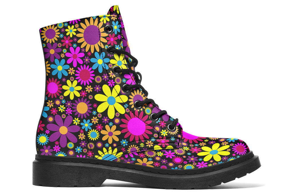 Black boots with a retro floral design in pinks, purples and yellows.