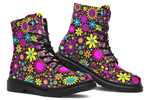 Black boots with a retro floral design in pinks, purples and yellows.