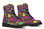 Black boots with a retro floral design in pinks, purples and yellows.