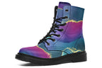 Boots featuring a geode design in purples, blues and pinks, with stripes of gold diving some of the colours.