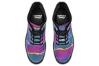 Boots featuring a geode design in purples, blues and pinks, with stripes of gold diving some of the colours.