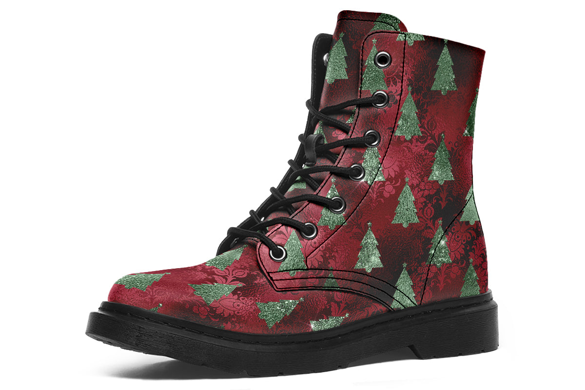 These boots feature a deep red patterned background, like something you might find on a Christmas table cloth. There are green Christmas trees over the red, designed to look like they are textured and shimmering.