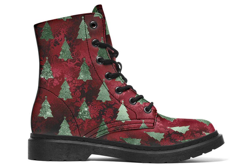 These boots feature a deep red patterned background, like something you might find on a Christmas table cloth. There are green Christmas trees over the red, designed to look like they are textured and shimmering.