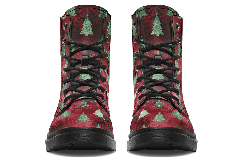 These boots feature a deep red patterned background, like something you might find on a Christmas table cloth. There are green Christmas trees over the red, designed to look like they are textured and shimmering.