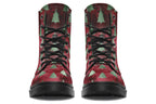 These boots feature a deep red patterned background, like something you might find on a Christmas table cloth. There are green Christmas trees over the red, designed to look like they are textured and shimmering.