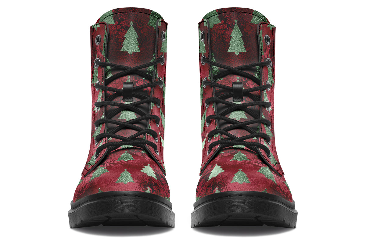 These boots feature a deep red patterned background, like something you might find on a Christmas table cloth. There are green Christmas trees over the red, designed to look like they are textured and shimmering.