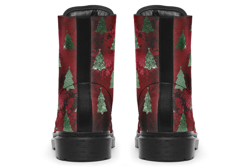 These boots feature a deep red patterned background, like something you might find on a Christmas table cloth. There are green Christmas trees over the red, designed to look like they are textured and shimmering.