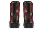 These boots feature a deep red patterned background, like something you might find on a Christmas table cloth. There are green Christmas trees over the red, designed to look like they are textured and shimmering.