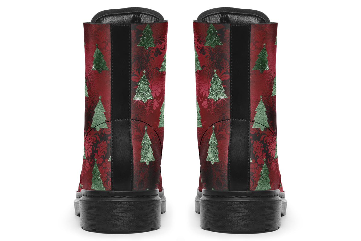 These boots feature a deep red patterned background, like something you might find on a Christmas table cloth. There are green Christmas trees over the red, designed to look like they are textured and shimmering.