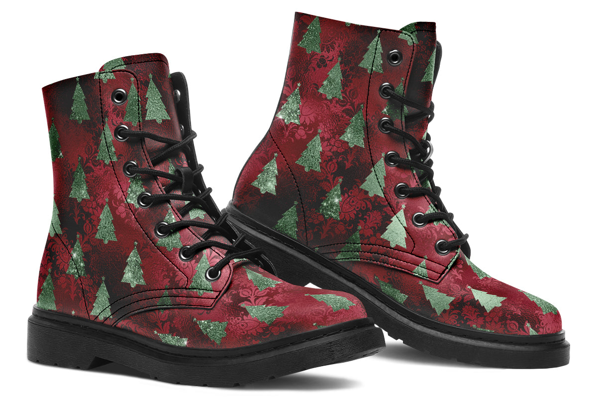 These boots feature a deep red patterned background, like something you might find on a Christmas table cloth. There are green Christmas trees over the red, designed to look like they are textured and shimmering.
