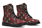 These boots feature a deep red patterned background, like something you might find on a Christmas table cloth. There are green Christmas trees over the red, designed to look like they are textured and shimmering.