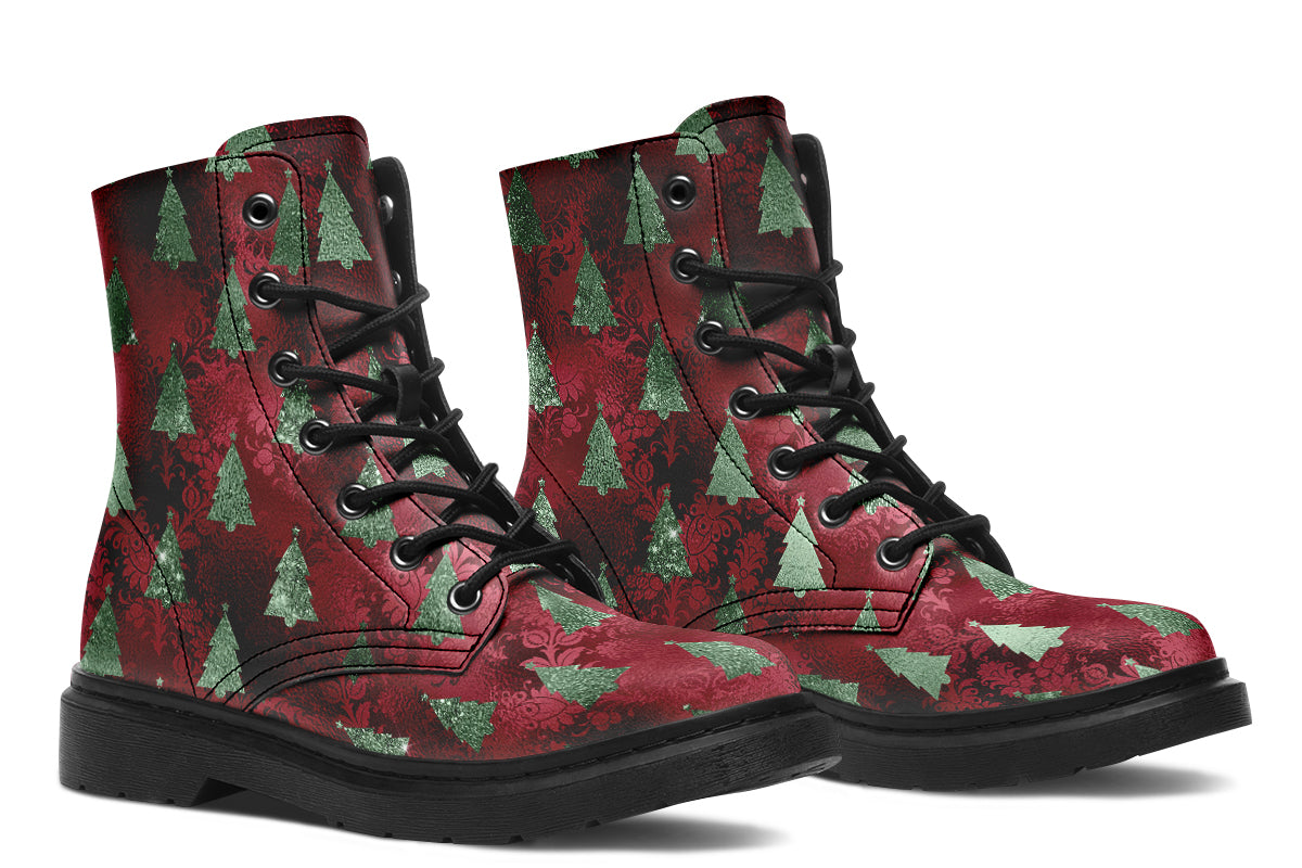 These boots feature a deep red patterned background, like something you might find on a Christmas table cloth. There are green Christmas trees over the red, designed to look like they are textured and shimmering.