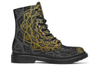 Black boots with a gold/yellow mandala design.