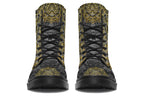 Black boots with a gold/yellow mandala design.