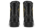 Black boots with a gold/yellow mandala design.