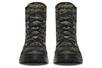 Black boots with a black sole, featuring yellowish/gold sheet music design.