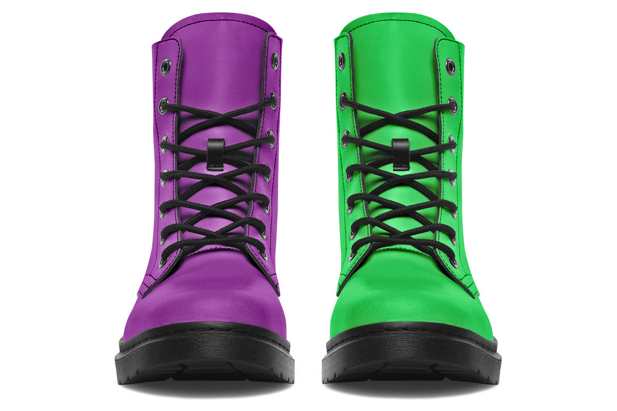 Mismatched boots, one all purple and one all green.
