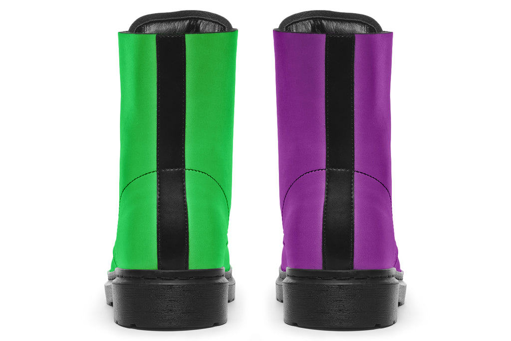 Mismatched boots, one all purple and one all green.