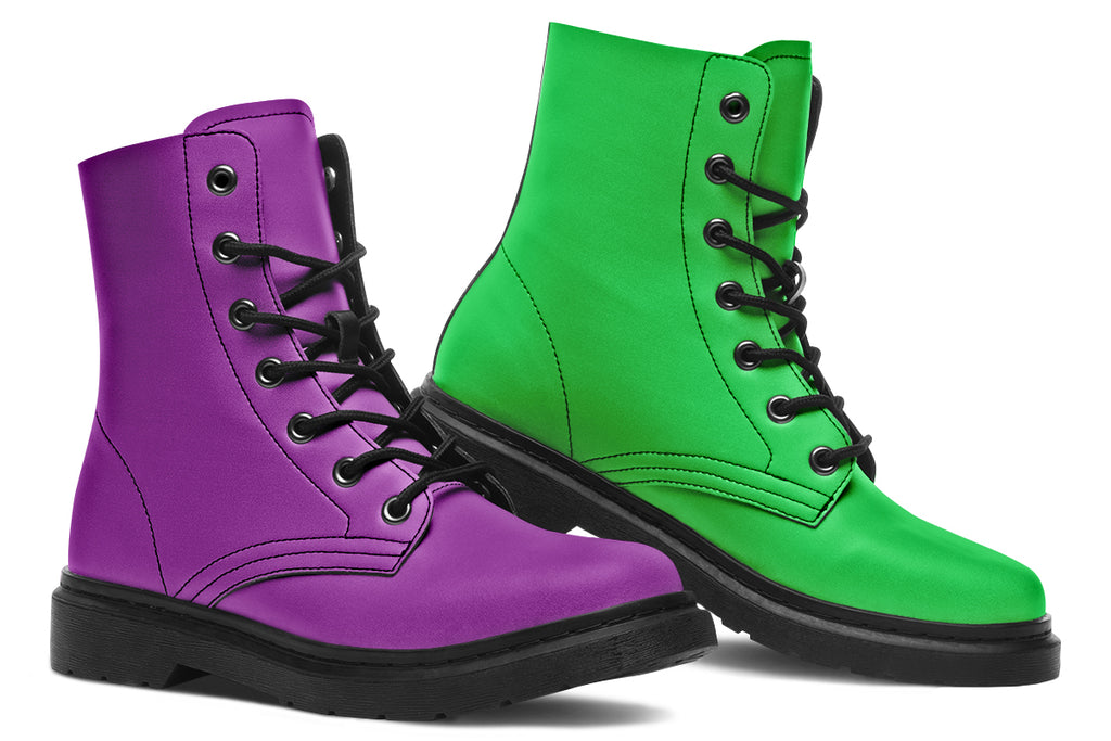 Mismatched boots, one all purple and one all green.
