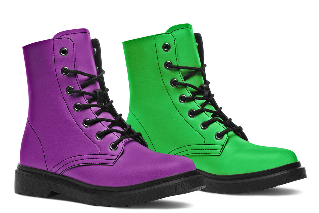 Mismatched boots, one all purple and one all green.