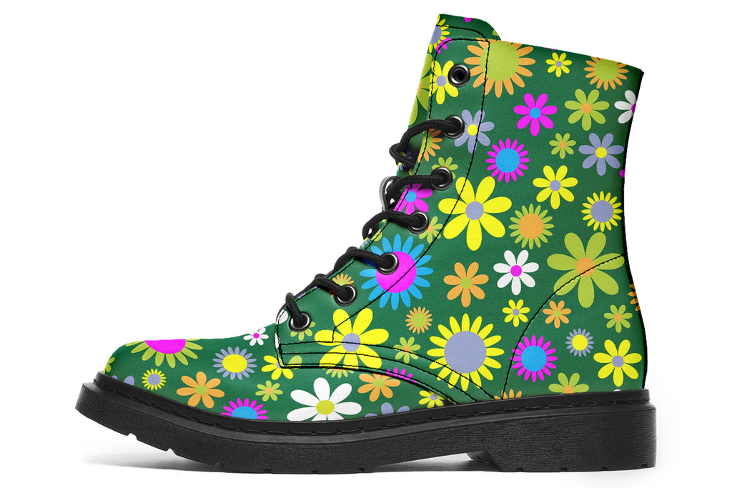 Boots with a green retro floral design