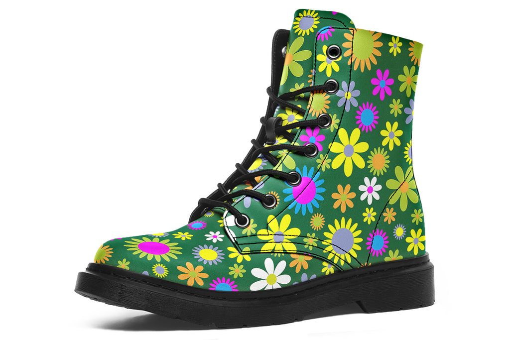 Boots with a green retro floral design