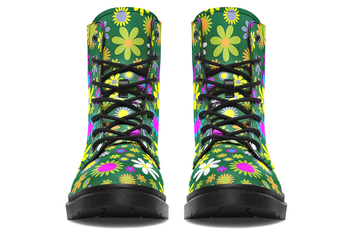 Boots with a green retro floral design