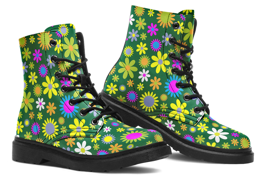 Boots with a green retro floral design