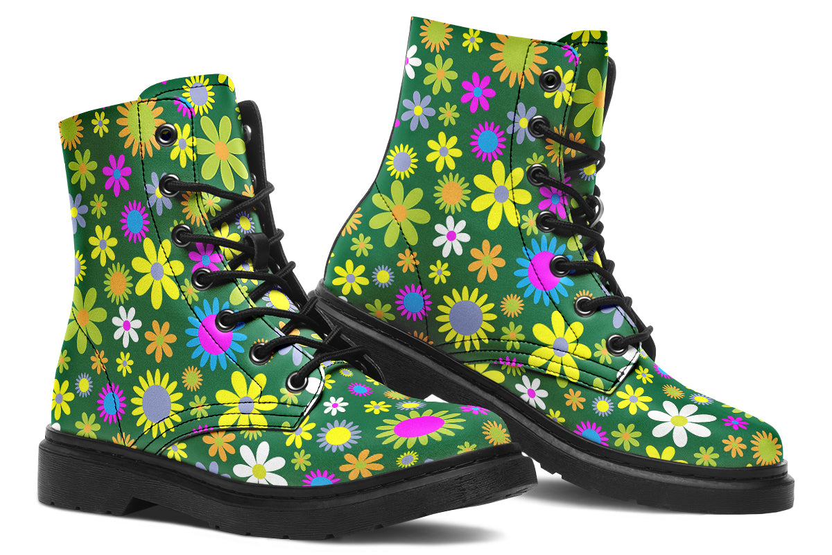 Boots with a green retro floral design