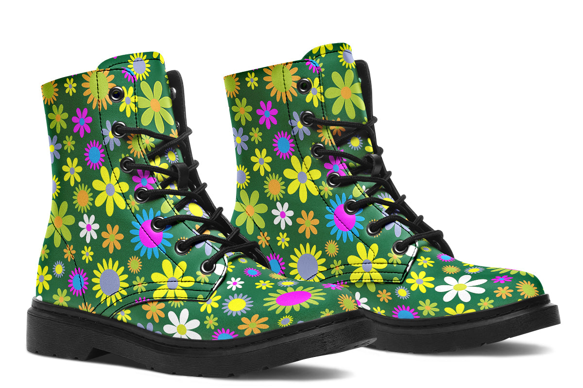Boots with a green retro floral design