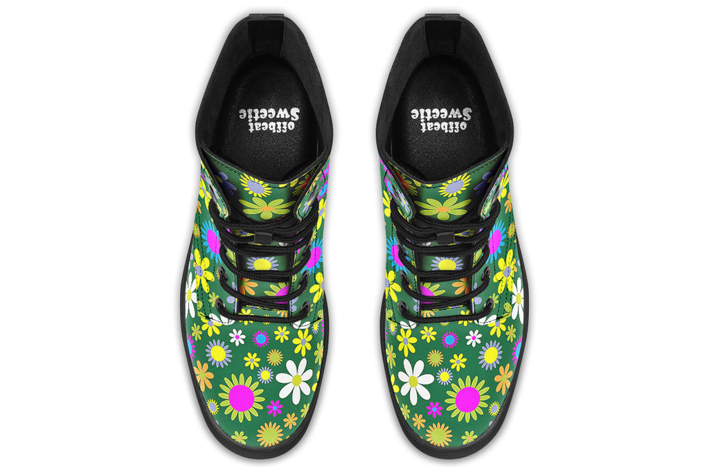 Boots with a green retro floral design