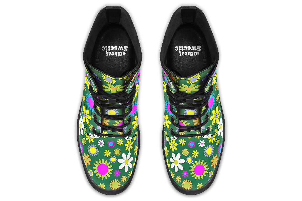 Boots with a green retro floral design