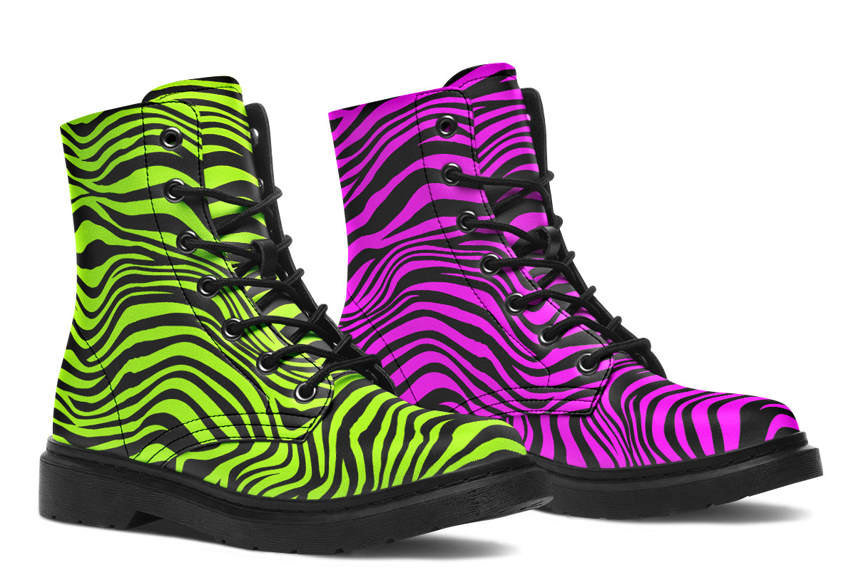 Green and Fuchsia Mismatched Neon Zebra Boots