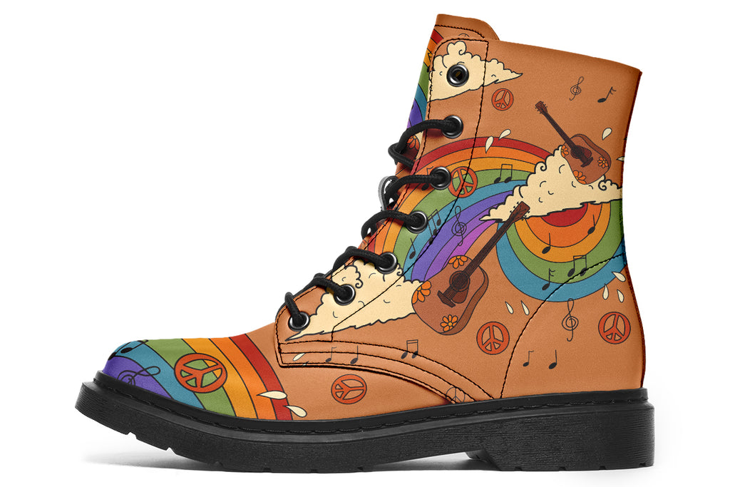 Brown boots with a retro-style design of guitars, clouds, rainbows, peace signs and music notes.