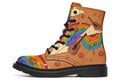 Brown boots with a retro-style design of guitars, clouds, rainbows, peace signs and music notes.