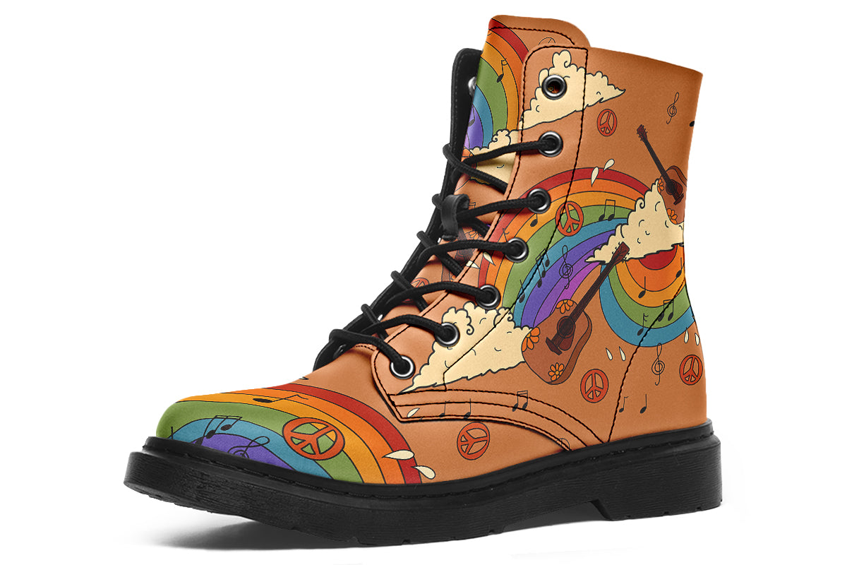 Brown boots with a retro-style design of guitars, clouds, rainbows, peace signs and music notes.