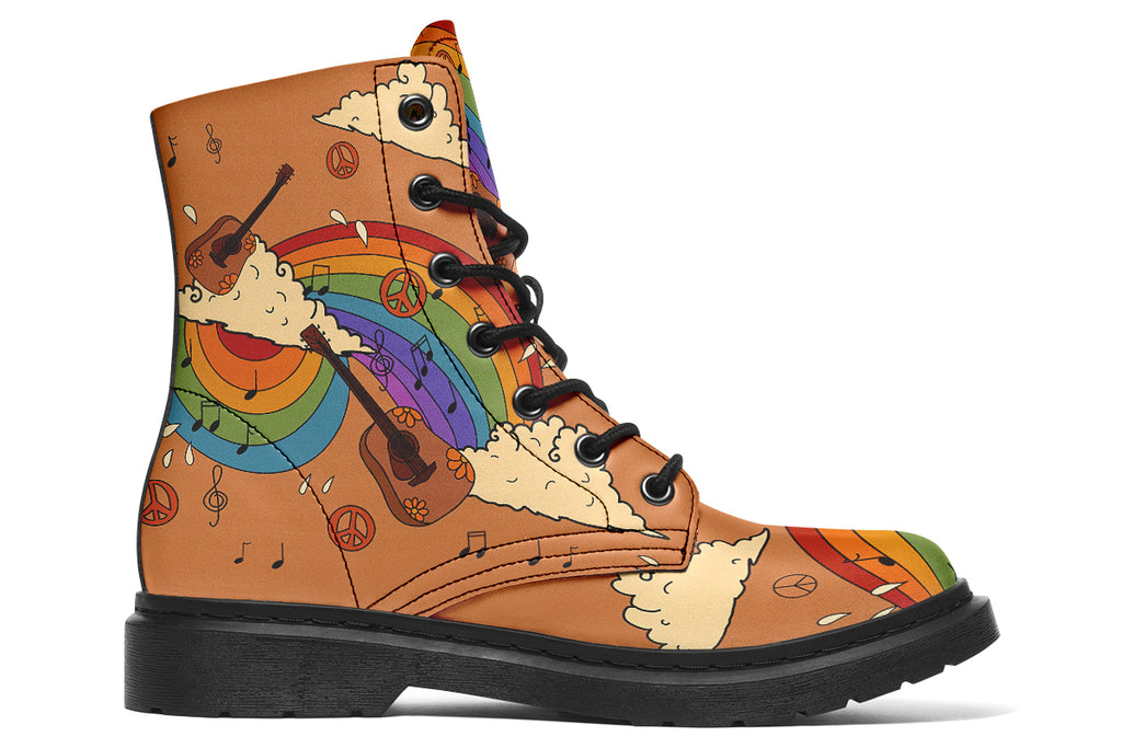 Brown boots with a retro-style design of guitars, clouds, rainbows, peace signs and music notes.