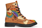 Brown boots with a retro-style design of guitars, clouds, rainbows, peace signs and music notes.