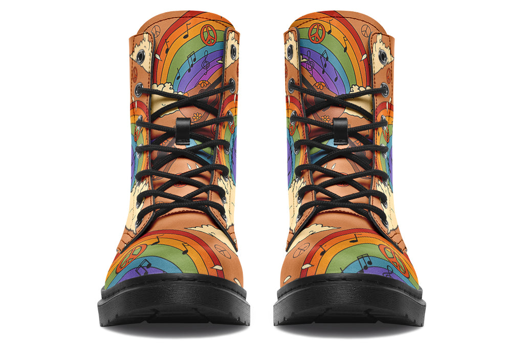 Brown boots with a retro-style design of guitars, clouds, rainbows, peace signs and music notes.