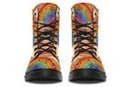 Brown boots with a retro-style design of guitars, clouds, rainbows, peace signs and music notes.