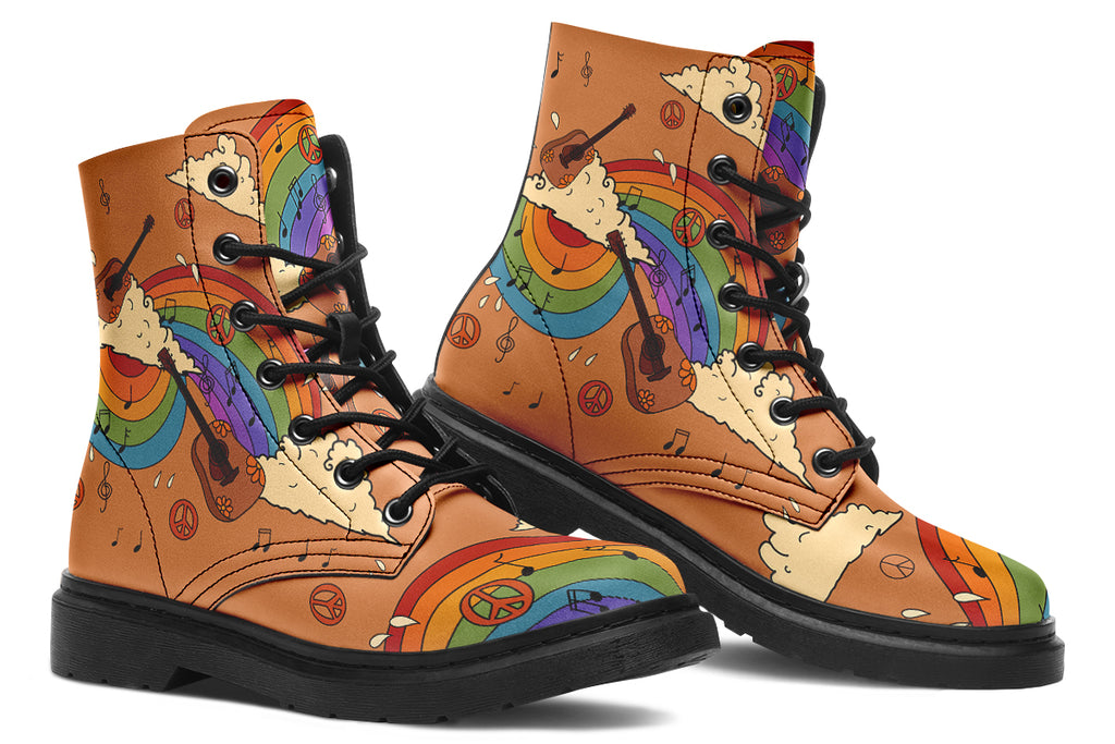 Brown boots with a retro-style design of guitars, clouds, rainbows, peace signs and music notes.